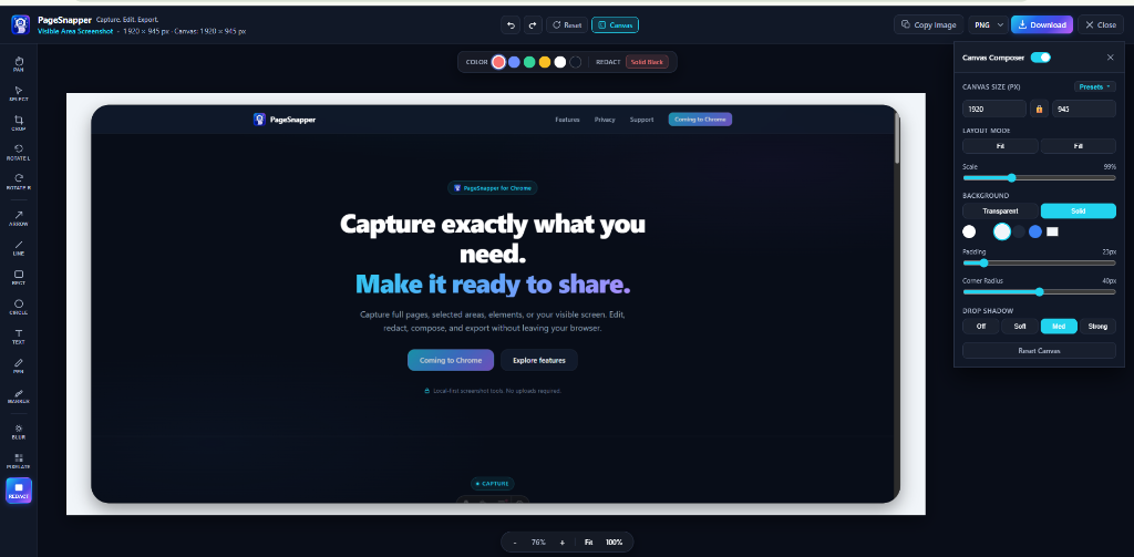 PageSnapper Canvas Composer with social-sized canvas, background color controls, padding sliders, corner radius adjustments, and drop shadows