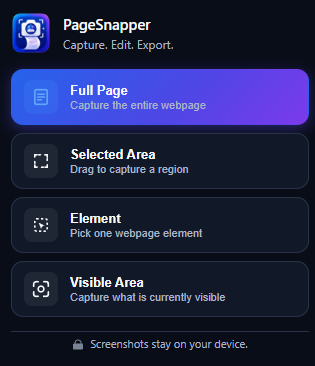 PageSnapper Chrome extension capture menu showing Full Page, Selected Area, Element, and Visible Area options