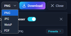 PageSnapper export format menu showing PNG, JPG, WebP, and PDF options with instant download button